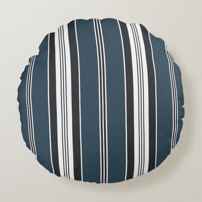 Elegant Blue Grått Fransk Ticking Rand Rund Kudde (Framsidan)