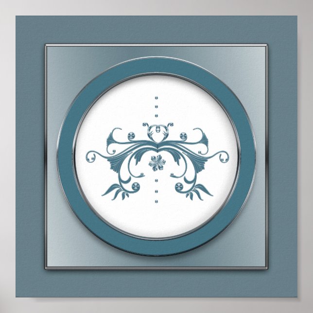 Elegant Blue/Grått Swirl Blommigt Sq. Skriv Poster (Framsidan)