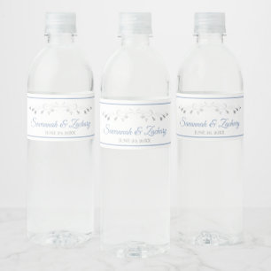 Elegant Blue & Grått Vintage Blommigt Gräns Bröllo Vattenflaska Etikett