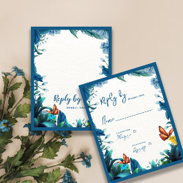Elegant Blue Green Foliage Butterfly Wedding Reply OSA Kort