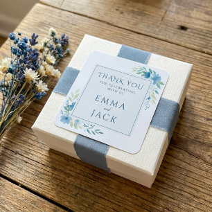 Elegant blue greenery namn bröllop fyrkantigt klistermärke
