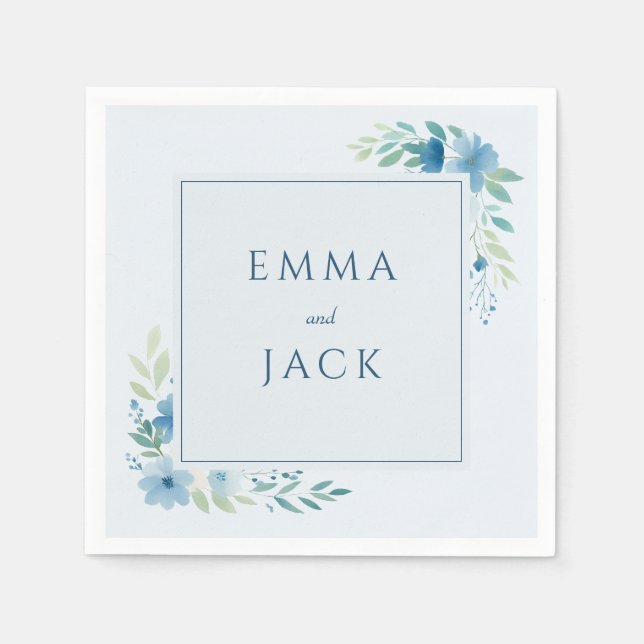 Elegant blue greenery namn bröllop pappersservett (Framsidan)