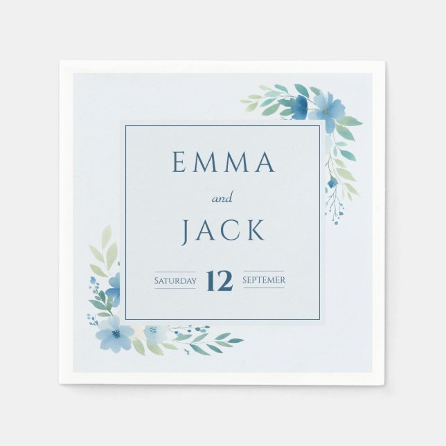 Elegant blue grey namn och date bröllop pappersservett (Framsidan)