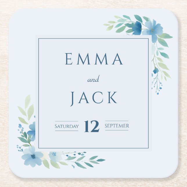 Elegant blue grey namn och date bröllop underlägg papper kvadrat (Framsidan)