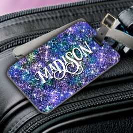 Elegant blue grönt faux Glitter monogram Luggage T Bagagebricka