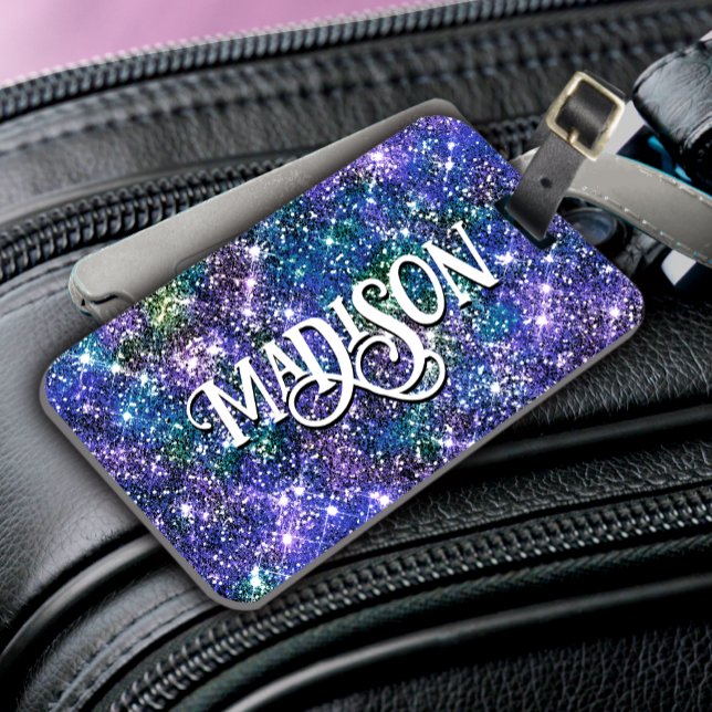 Elegant blue grönt faux Glitter monogram Luggage T Bagagebricka (Skapare uppladdad)