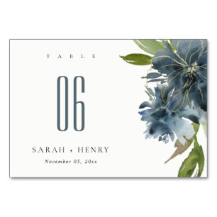 ELEGANT BLUE GRÖNT GULD BLOMMIGT VATTENFÄRG BRÖLLO BORDSNUMMER
