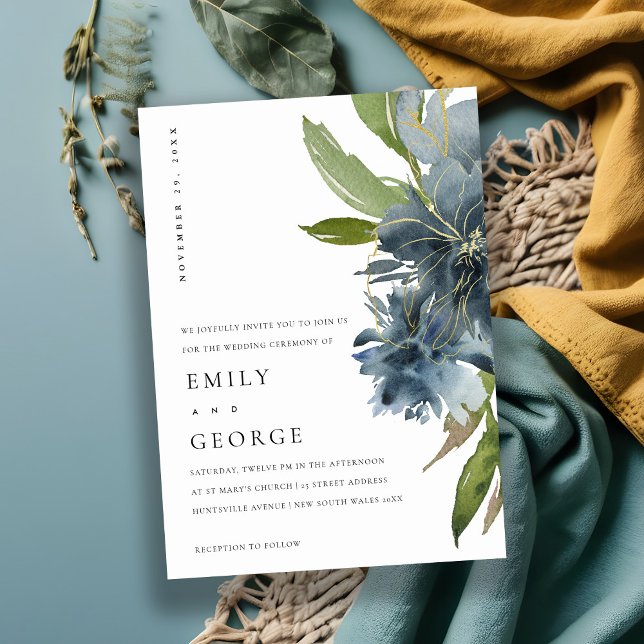 ELEGANT BLUE GRÖNT GULD BLOMMIGT WEDDING INVITE TACK KORT (Skapare uppladdad)