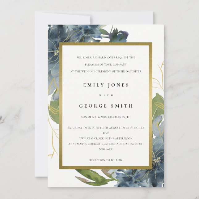 ELEGANT BLUE GRÖNT GULD BLOMMIGT WEDDING INVITE TACK KORT (Framsida)