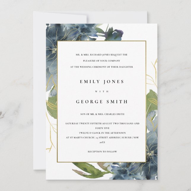 ELEGANT BLUE GRÖNT GULD BLOMMIGT WEDDING INVITE TACK KORT (Framsida)