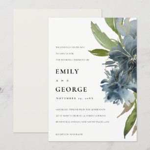 ELEGANT BLUE GRÖNT GULD BLOMMIGT WEDDING INVITE TACK KORT