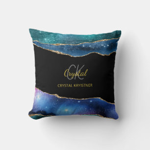 Elegant Blue Grönt Guld Marcular Glitter Monogram Kudde