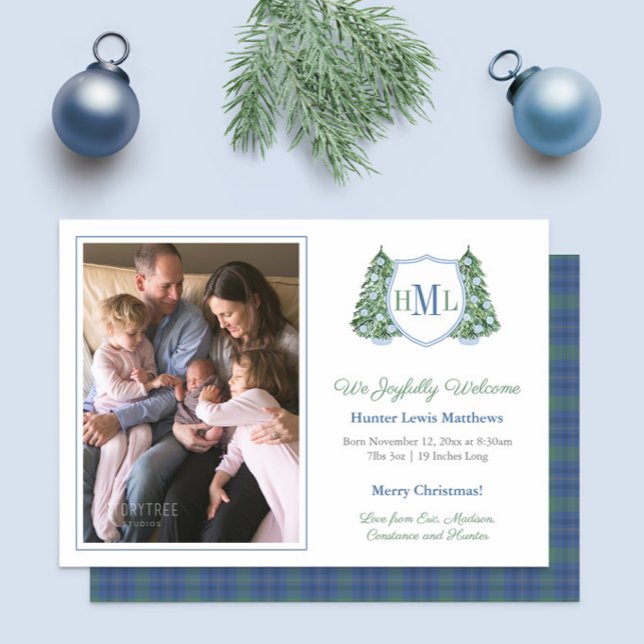 Elegant Blue Grönt jul Foto Pojke Birth Meddelande (Chinoiserie Chic Christmas Birth announcement card for boy in dark blue and green with tartan backer)