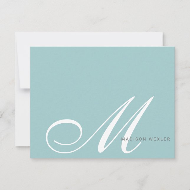 Elegant Blue Grönt Monogram-skript - initialt Anteckningskort (Framsida)