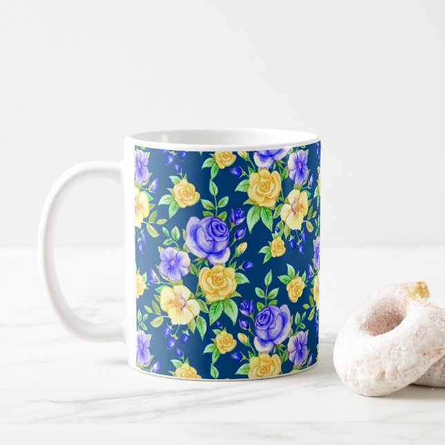Elegant Blue Gul ros Blommönster Kaffemugg (Med munk)