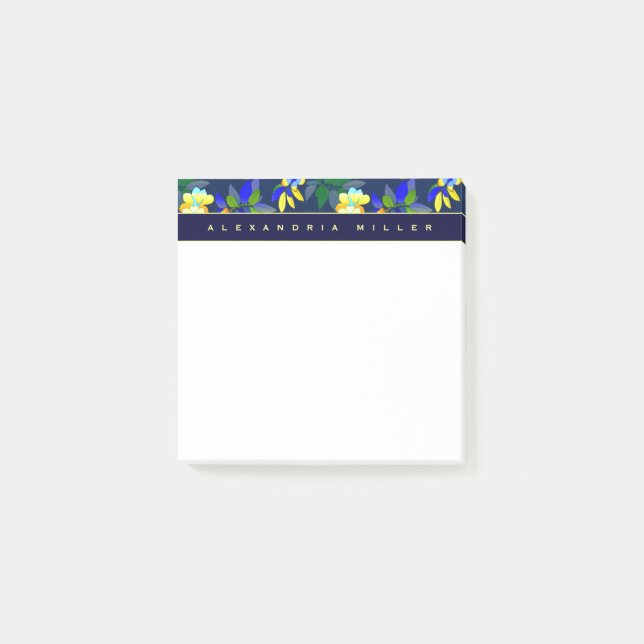 Elegant Blue & Gula blommor med Namn Post-it Block (Framsida)