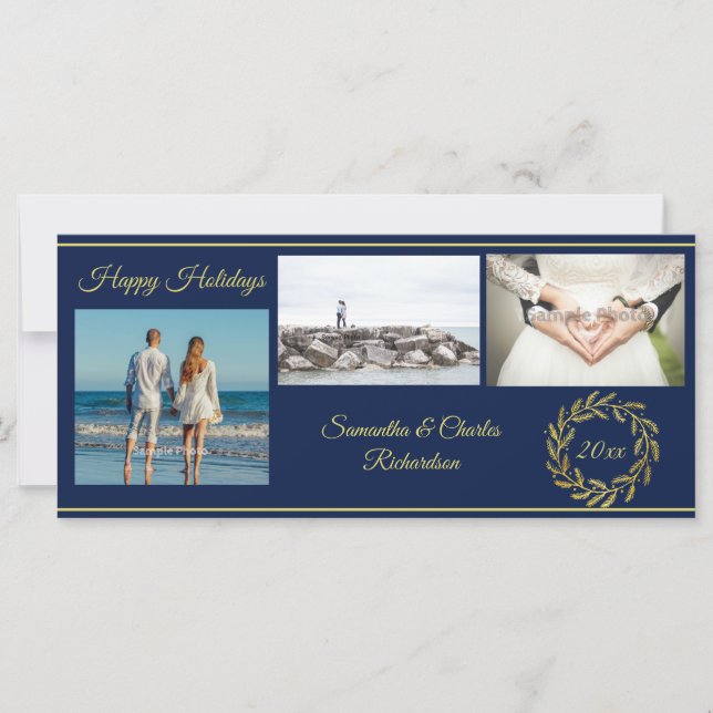 Elegant Blue Guld 3 Photo Helgdag Card (Framsida)