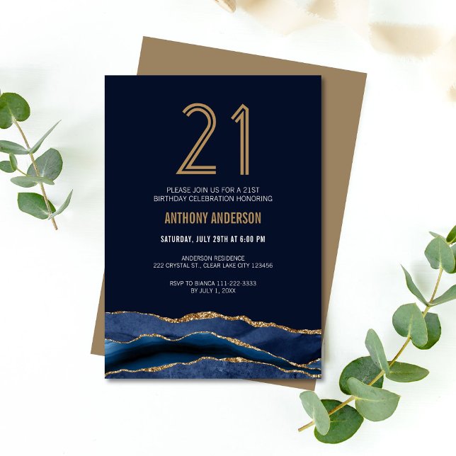 Elegant Blue Guld Agate 21 Birthday Party Inbjudningar (Skapare uppladdad)