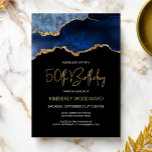 Elegant Blue Guld Agate 50:e Födelsedagsfesten Inbjudningar<br><div class="desc">Trendigets 50-årsinbjudan innehåller en vattenfärgsbild av en agate geode i blå nyanser med faux guld högdagrar. Ord "50:e födelsedag" visas i faux guld glitter i dekorativt modernt handskriftsteckensnitt. Anpassa den med heoträdets namn i guld färgad och detaljerna i vitt. Samma blåa agate-bild visas på baksidan.</div>