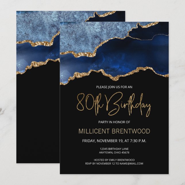 Elegant Blue Guld Agate 80:e födelsedagen Inbjudningar (Fram/baksida)