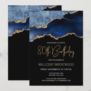 Elegant Blue Guld Agate 80:e födelsedagen Inbjudningar