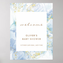 Elegant Blue Guld Agate Boy Shower Välkommen Poster