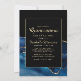 Elegant Blue Guld Agate Marble Quinceañera Inbjudningar