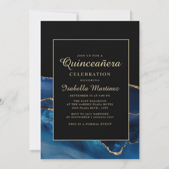 Elegant Blue Guld Agate Marble Quinceañera Inbjudningar (Framsida)