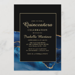 Elegant Blue Guld Agate Marble Quinceañera Inbjudningar