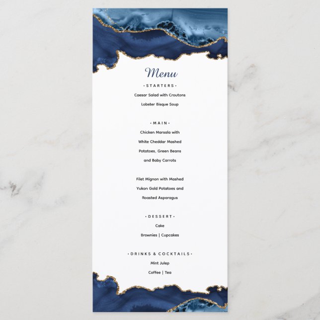 Elegant Blue & Guld Agate Menu Meny (Framsida)