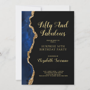 Elegant Blue Guld Agate Surprise 50:e födelsedagen Inbjudningar