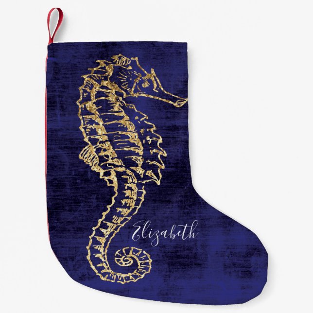 Elegant Blue Guld Beach Sea Horse Liten Julstrumpa (Framsidan)