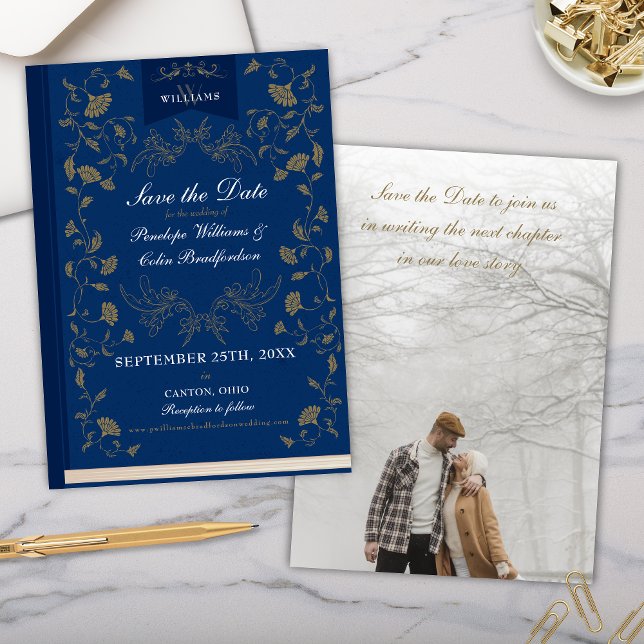 Elegant Blue Guld Bibliotek Bröllop spara datum Inbjudningar (Elegant Blue and Gold Library Book Cover Floral Victorian Theme Wedding Save the Date Invitations)