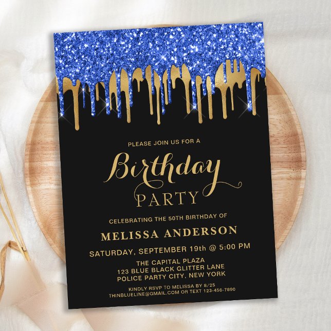 Elegant Blue Guld Black Glitter Drives Birthday Vykort (Skapare uppladdad)