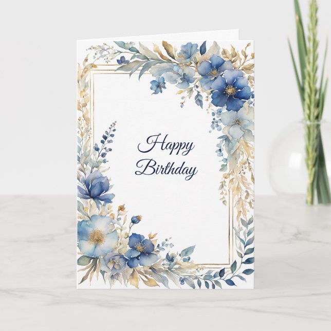 Elegant Blue Guld Blommigt Birthday Kort (Framsida)