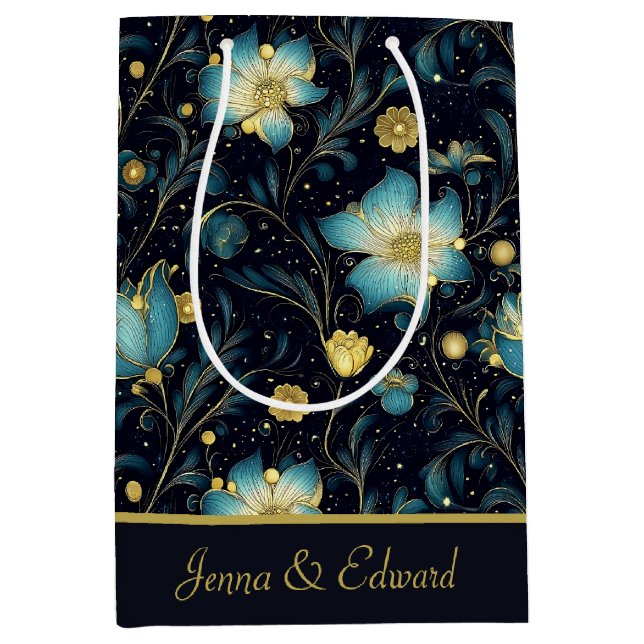 Elegant Blue & Guld Blommigt Personlig jul (Framsidan)