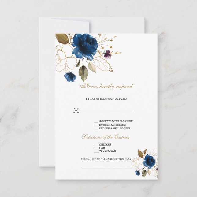 Elegant Blue Guld Blommigt Sång begäran Bröllop OSA Kort (Framsida)