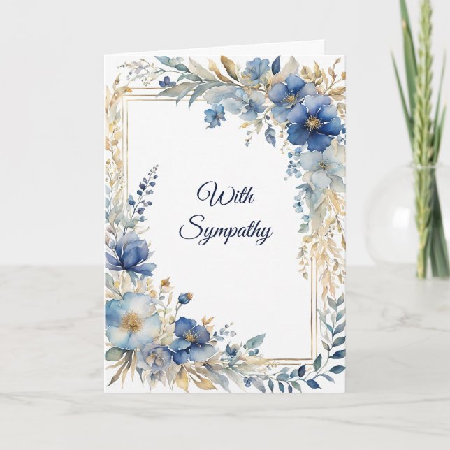 Elegant Blue Guld Blommigt Sympathy Kort (Framsida)