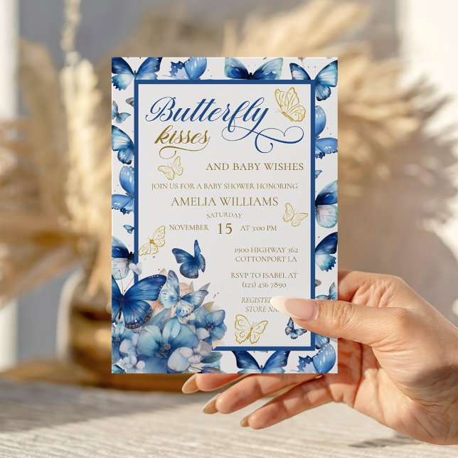Elegant Blue Guld Butterfly Baby Shower Inbjudningar (Skapare uppladdad)