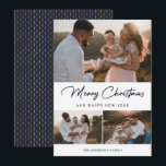 Elegant Blue Guld Calligraphy Photo Collage Julkort<br><div class="desc">Fotokort för anpassningsbar blått och guld med helgdag på framsidan och ett blått och guld mönster på baksidan. Anpassa enkelt det här helgdag till eleganten med dina foton och familjen namn. Fler alternativ för färg finns tillgängliga.</div>