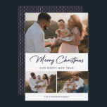 Elegant Blue Guld Calligraphy Photo Collage Julkort<br><div class="desc">Fotokort för anpassningsbar blått och guld med helgdag på framsidan och ett blått och guld mönster på baksidan. Anpassa enkelt det här helgdag till eleganten med dina foton och familjen namn. Fler alternativ för färg finns tillgängliga.</div>