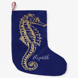 Elegant Blue Guld Coastal Beach Sea Horse Liten Julstrumpa
