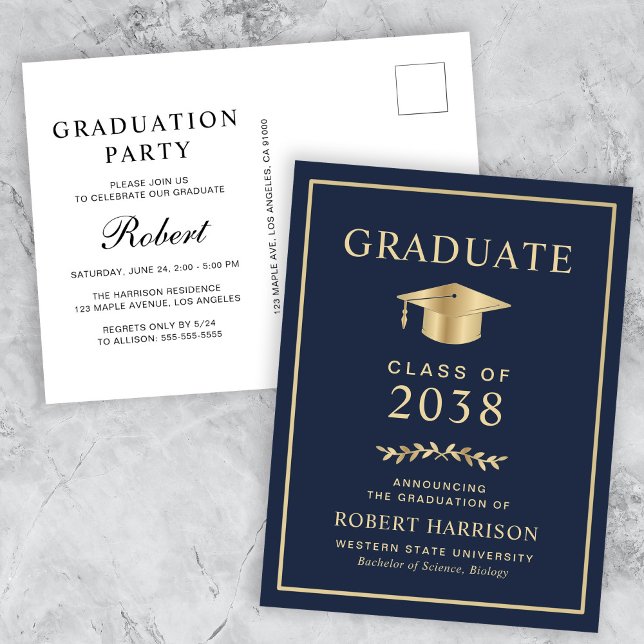 Elegant Blue Guld College Graduation Party Inbjudan Vykort (An elegant college graduation party invitation postcard to celebrate the graduate's achievements)