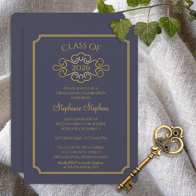 Elegant Blue | Guld College Graduation Party Inbjudningar (Elegant Blue and Gold Tone College Graduation Party Invitation - Print | Digital)