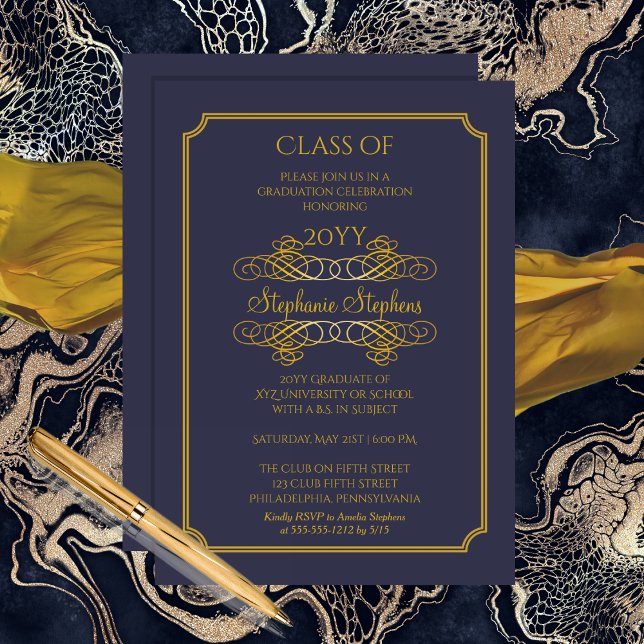 Elegant Blue | Guld College Graduation Party Inbjudningar (Elegant Blue and Gold Tone College Graduation Party Invitation)