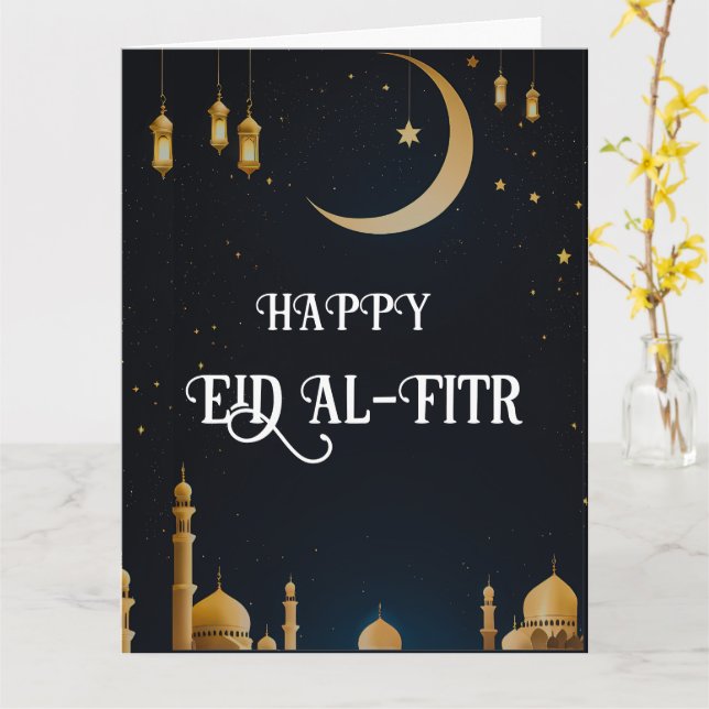 Elegant Blue & Guld Eid Al-Fitr Crescent Måne Kort (Gul blomma)
