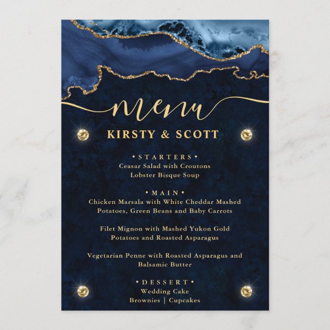 Elegant Blue & Guld Faux Glitter Agate Bröllop Meny (Framsida)
