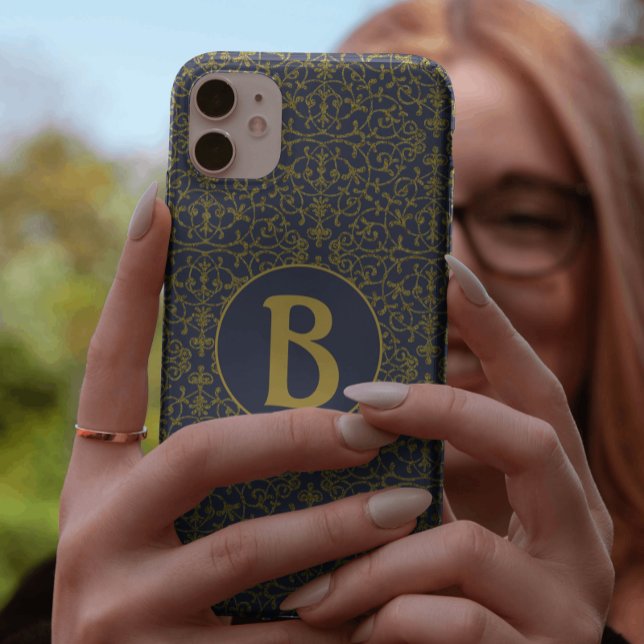 Elegant Blue & Guld Filigree Monogram Case-Mate iPhone Skal (Skapare uppladdad)
