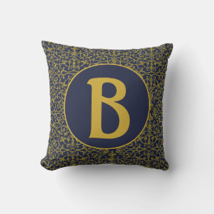 Elegant Blue & Guld Filigree Monogram Kudde