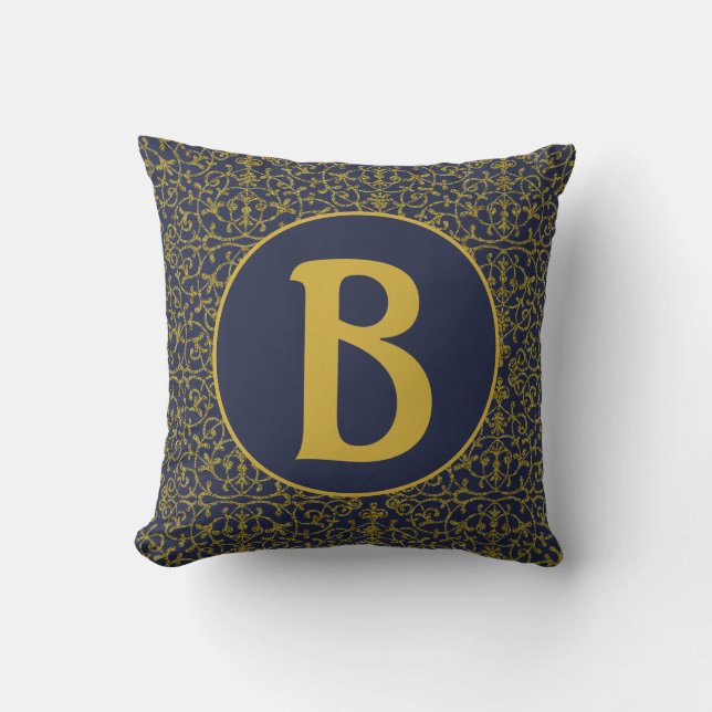 Elegant Blue & Guld Filigree Monogram Kudde (Framsida)